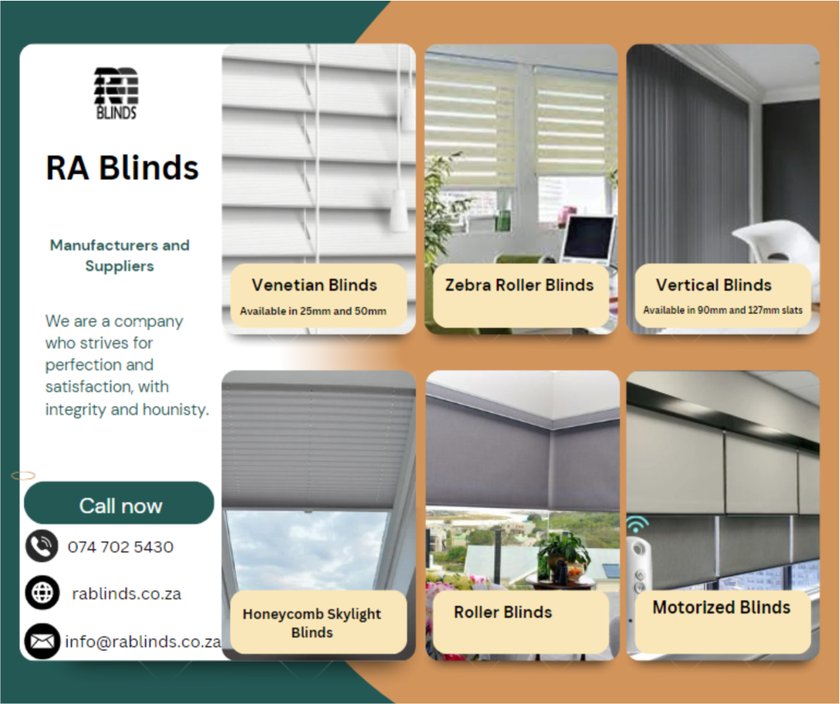 At RA Blinds, we're thrilled to be one of the top suppliers of all types of blinds and more! Based in Krugersdorp, we take pride in friendly and efficient service at highly competitive prices. Discover the perfect blinds for your space with us today.